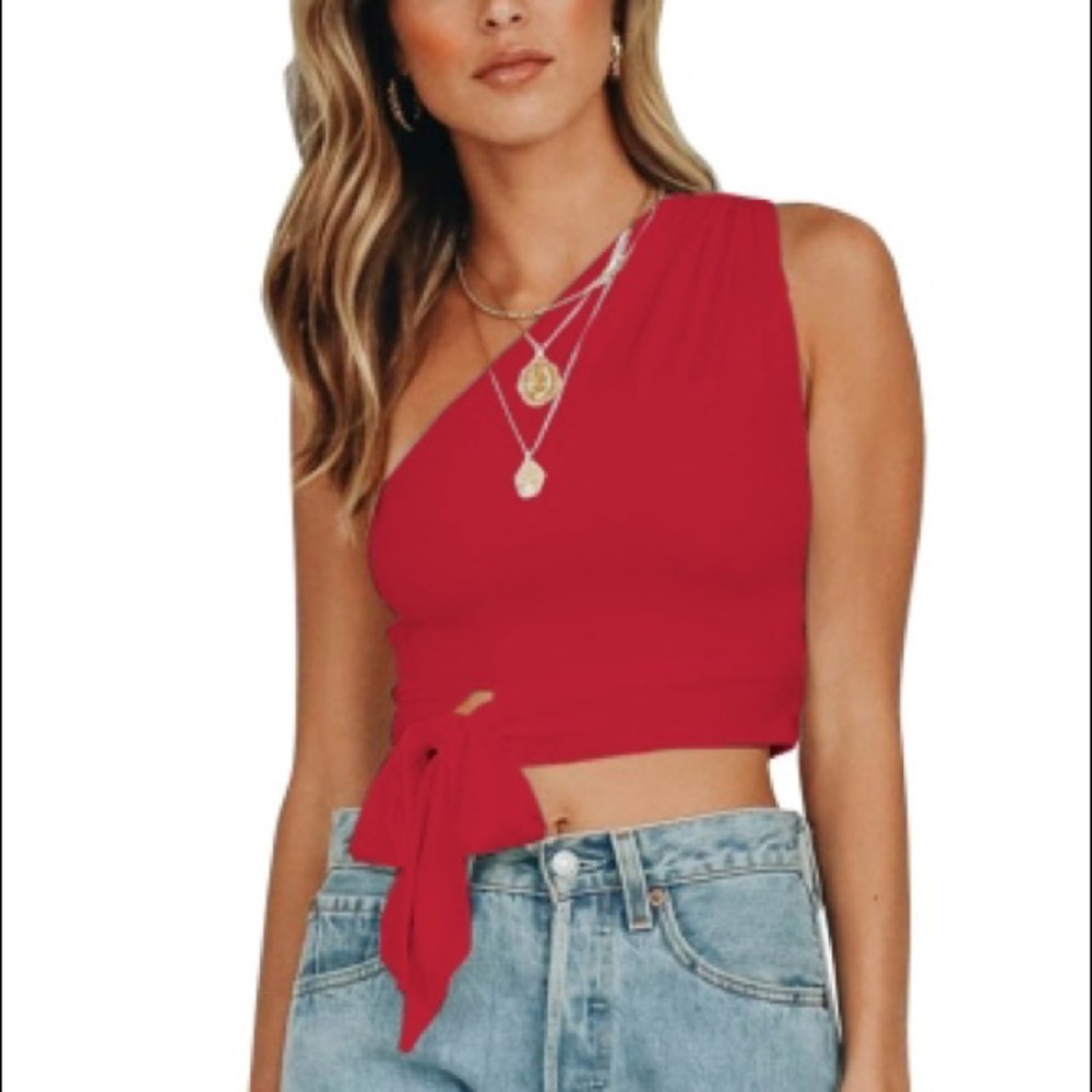 One Shoulder Red Tank Bowknot Woman Crop Top